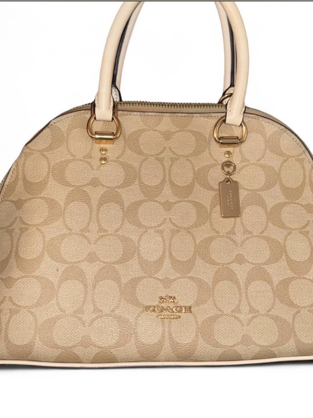 Coach Beige Signature Dome Satchel with Cream Handles